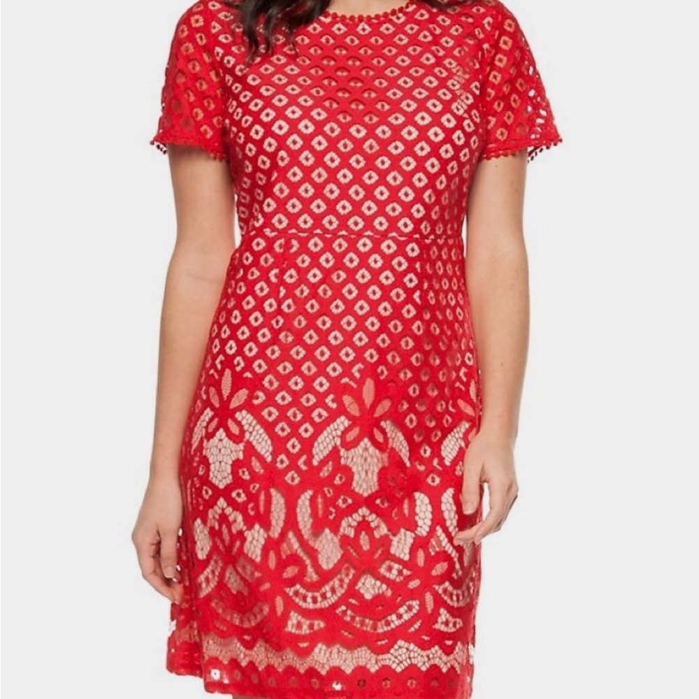 Dex Red A-line Midi Dress Crew Neck Short Sleeve